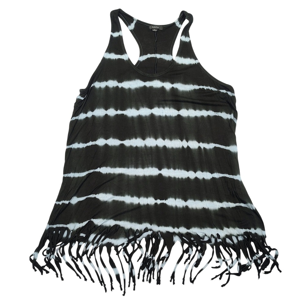 Raviya Tank Top Womens XL Black Tie Dye Fringe Racerback Rayon